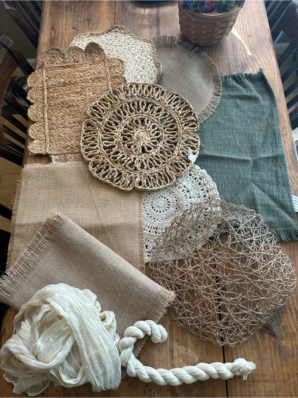 8 Assorted Placemats / Chargers, Burlap Runner, Cheesecloth x 2